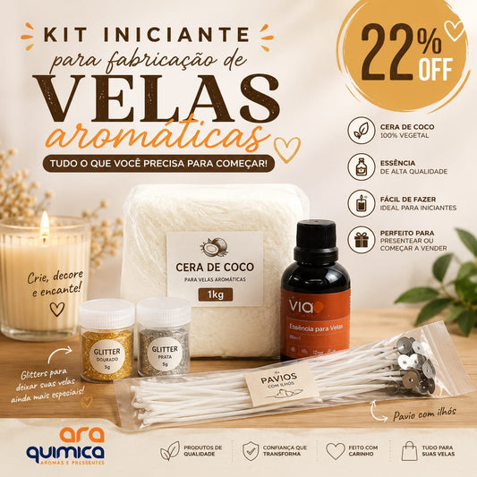 Kit Iniciante para Fabricação de Velas Aromáticas – Cera de Coco 1kg + Essência + Glitter + Pavio